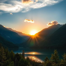 A stunning, perfectly composed landscape photo featuring a vast, serene lake surrounded by majestic mountains with lush green forests