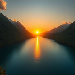 A stunning, perfectly composed landscape photo featuring a vast, serene lake surrounded by majestic mountains with lush green forests