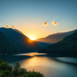 A stunning, perfectly composed landscape photo featuring a vast, serene lake surrounded by majestic mountains with lush green forests