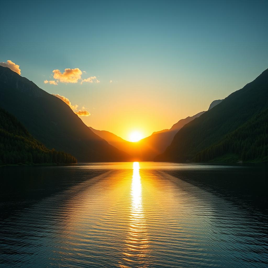 A stunning, perfectly composed landscape photo featuring a vast, serene lake surrounded by majestic mountains with lush green forests