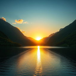 A stunning, perfectly composed landscape photo featuring a vast, serene lake surrounded by majestic mountains with lush green forests