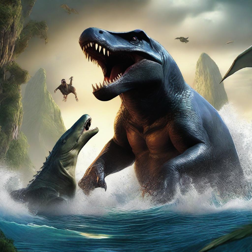 This high-quality digital art image vividly portrays a thrilling clash between the Mosasaur, a monstrous marine reptile, and King Kong, the ruler of Skull Island