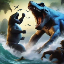 This high-quality digital art image vividly portrays a thrilling clash between the Mosasaur, a monstrous marine reptile, and King Kong, the ruler of Skull Island