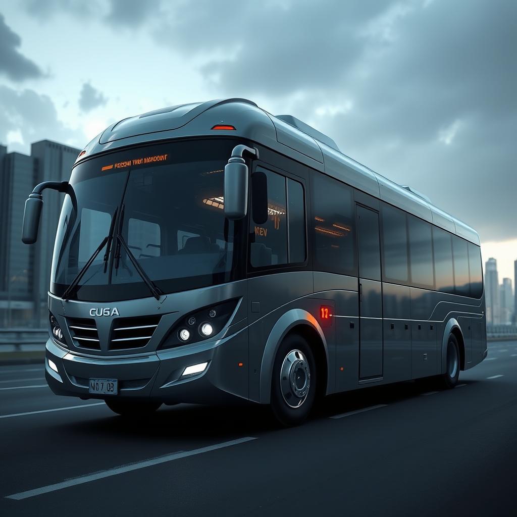 A photorealistic depiction of a futuristic prison transport bus, showcasing a sleek and modern design