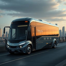 A photorealistic depiction of a futuristic prison transport bus, showcasing a sleek and modern design