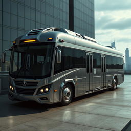 A photorealistic depiction of a futuristic prison transport bus, showcasing a sleek and modern design