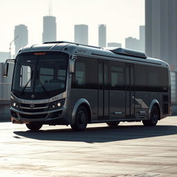 A photorealistic depiction of a futuristic prison transport bus, showcasing a sleek and modern design