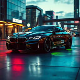A futuristic representation of a BMW M635 CSL set in the year 2030, showcasing a perfect blend of classic design and modern innovation