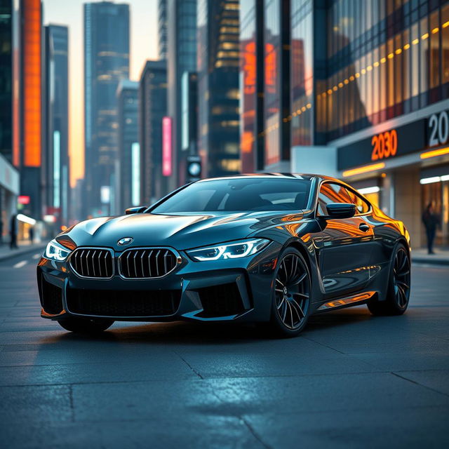 A futuristic representation of a BMW M635 CSL set in the year 2030, showcasing a perfect blend of classic design and modern innovation
