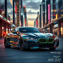 A futuristic representation of a BMW M635 CSL set in the year 2030, showcasing a perfect blend of classic design and modern innovation