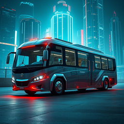 A photorealistic futuristic prison transport bus, designed with an ultra-modern and streamlined aesthetic