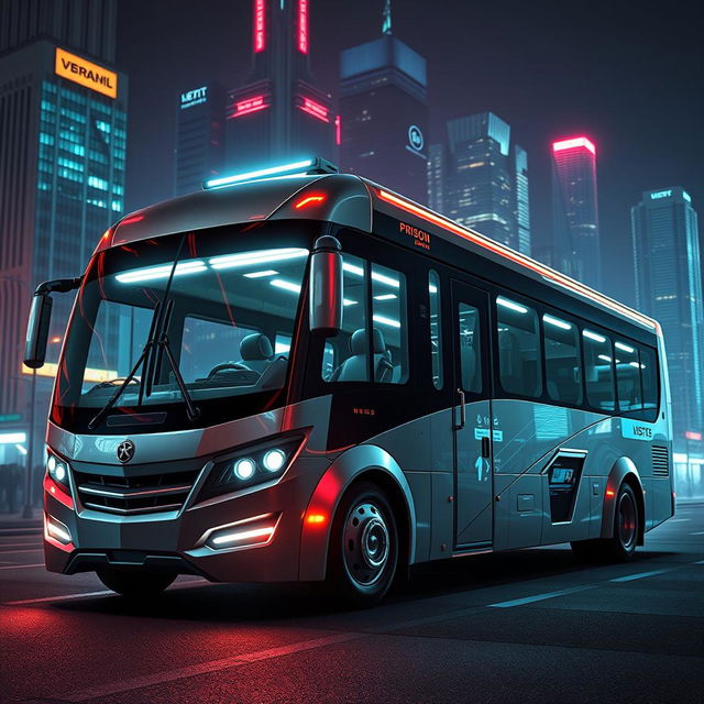 A photorealistic futuristic prison transport bus, designed with an ultra-modern and streamlined aesthetic