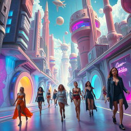 A surreal cityscape where futuristic buildings float effortlessly in the sky, surrounded by vibrant colors and abstract shapes