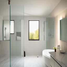 A clean, well-lit modern bathroom with gleaming white tiles, a sleek bathtub, a glass-enclosed shower, and upscale fixtures. Mirrors reflect the ambient light making the space look spacious and inviting.