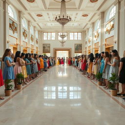 A wide and spacious hall filled with decorative elements, where many girls of diverse backgrounds are standing together on both sides
