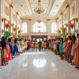 A wide and spacious hall filled with decorative elements, where many girls of diverse backgrounds are standing together on both sides