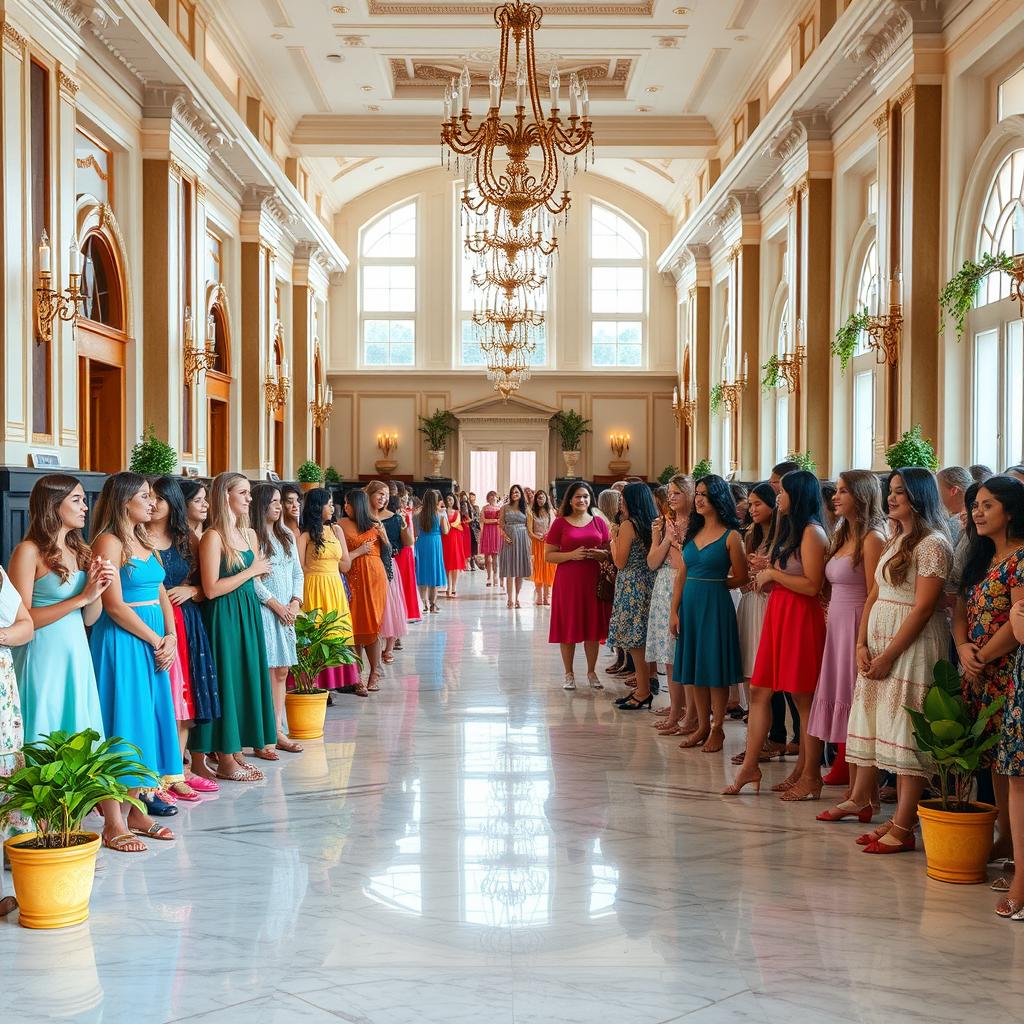 A wide and spacious hall filled with decorative elements, where many girls of diverse backgrounds are standing together on both sides