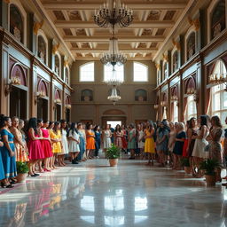 A wide and spacious hall filled with decorative elements, where many girls of diverse backgrounds are standing together on both sides