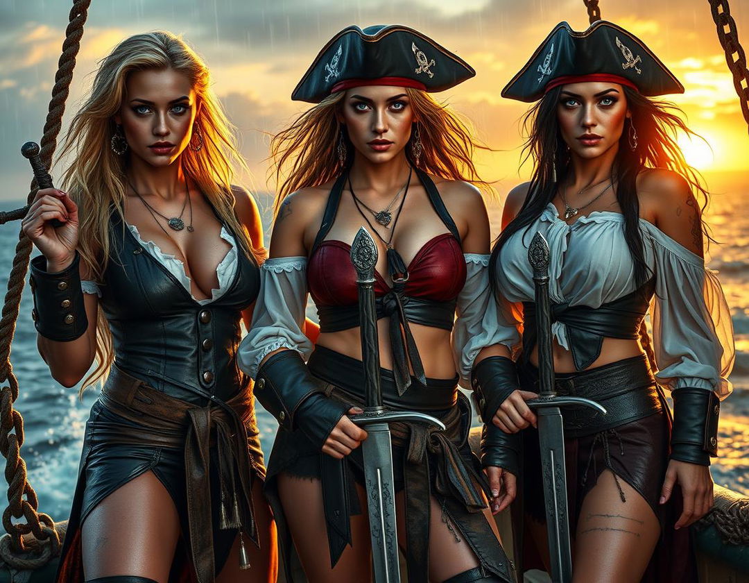 A high-quality, photorealistic image featuring three athletic pirate women with striking blonde and dark hair and captivating blue eyes