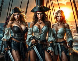 A high-quality, photorealistic image featuring three athletic pirate women with striking blonde and dark hair and captivating blue eyes