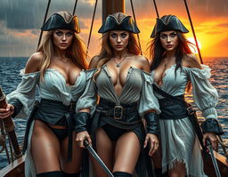 A high-quality, photorealistic image featuring three athletic pirate women with striking blonde and dark hair and captivating blue eyes