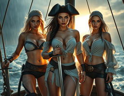 A high-quality, photorealistic image featuring three athletic pirate women with striking ice-blue eyes and a mix of blonde and dark hair