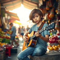 A poignant scene of a teenage boy playing the guitar in a bustling market