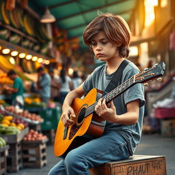 A poignant scene of a teenage boy playing the guitar in a bustling market