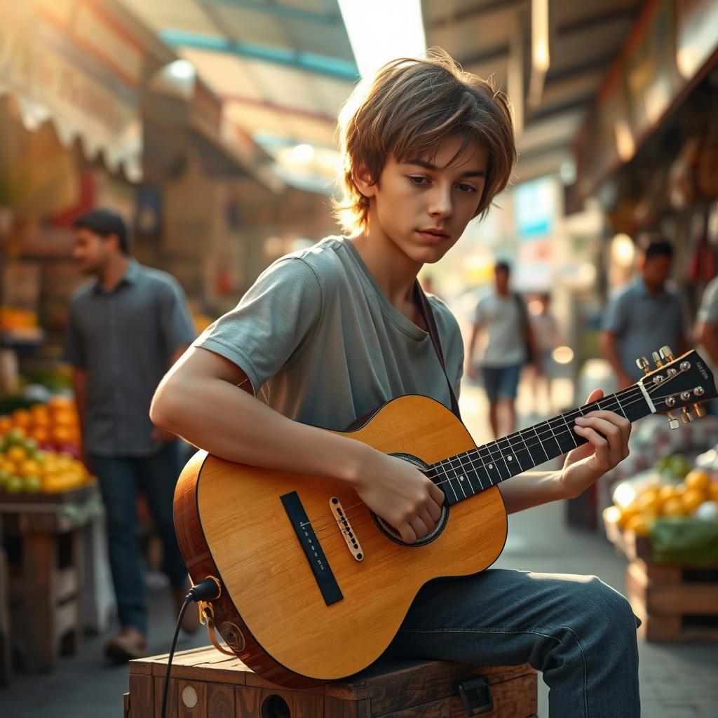 A poignant scene of a teenage boy playing the guitar in a bustling market