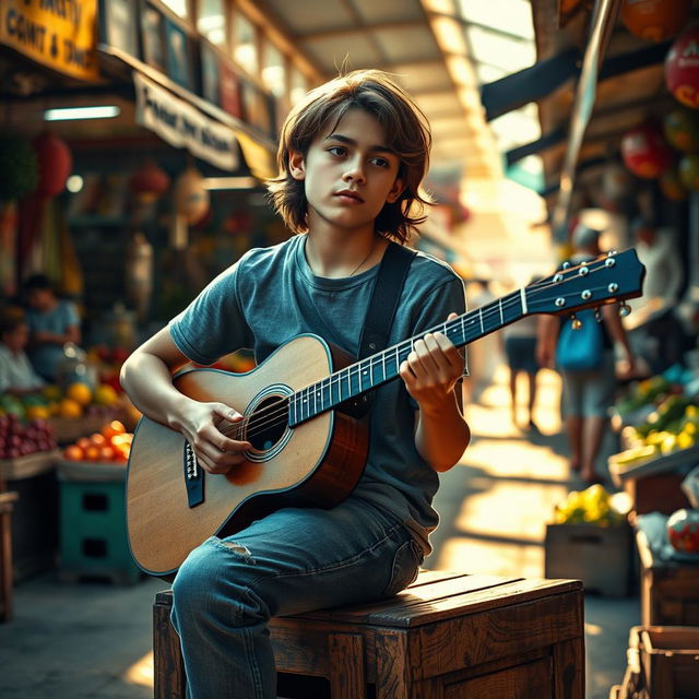 A poignant scene of a teenage boy playing the guitar in a bustling market