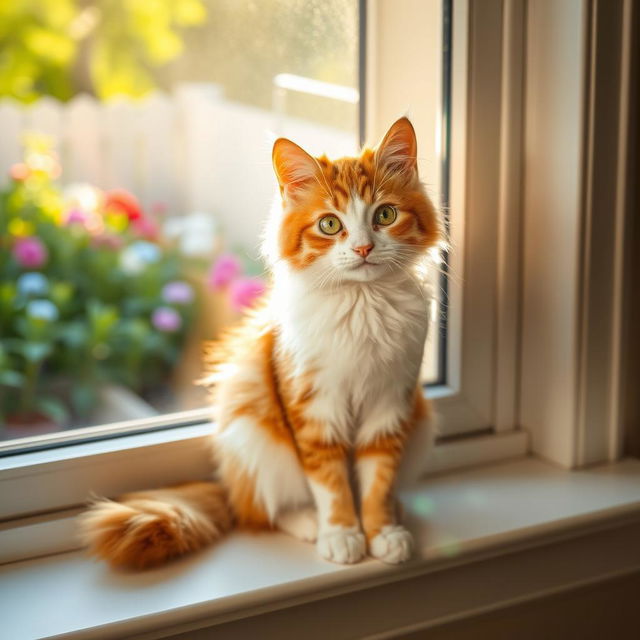 A cute and fluffy cat sitting gracefully on a windowsill, with sunlight streaming in through the window and creating a warm, inviting atmosphere