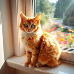 A cute and fluffy cat sitting gracefully on a windowsill, with sunlight streaming in through the window and creating a warm, inviting atmosphere