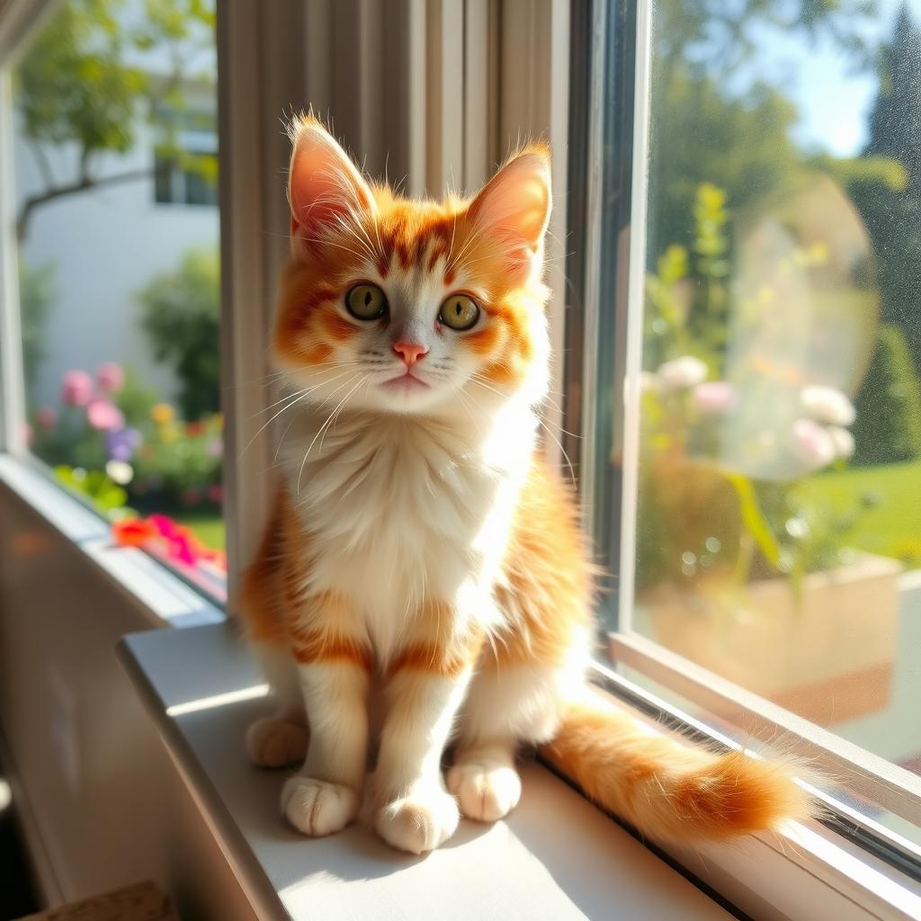 A cute and fluffy cat sitting gracefully on a windowsill, with sunlight streaming in through the window and creating a warm, inviting atmosphere