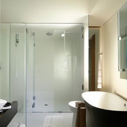 A clean, well-lit modern bathroom with gleaming white tiles, a sleek bathtub, a glass-enclosed shower, and upscale fixtures. Mirrors reflect the ambient light making the space look spacious and inviting.