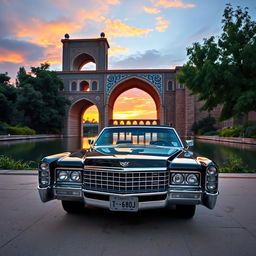 A classic Cadillac car parked in front of Isfahan's iconic Thirty-Three Bridges, also known as Si-o-se-pol, showcasing its stunning Persian architecture and intricate design