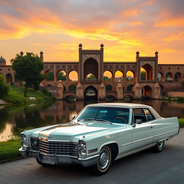 A classic Cadillac car parked in front of Isfahan's iconic Thirty-Three Bridges, also known as Si-o-se-pol, showcasing its stunning Persian architecture and intricate design