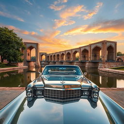 A classic Cadillac car parked in front of Isfahan's iconic Thirty-Three Bridges, also known as Si-o-se-pol, showcasing its stunning Persian architecture and intricate design