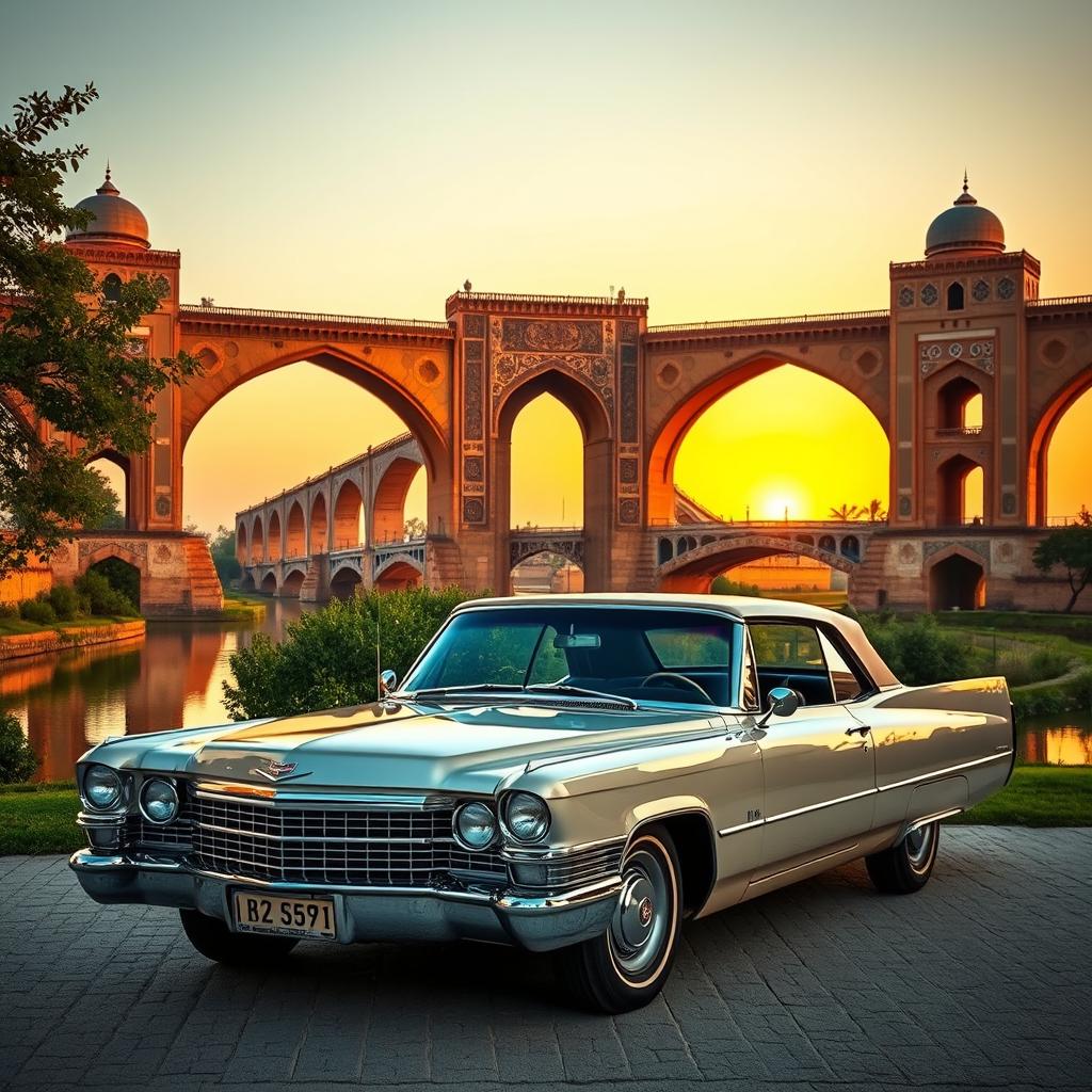 A classic Cadillac car parked in front of Isfahan's iconic Thirty-Three Bridges, also known as Si-o-se-pol, showcasing its stunning Persian architecture and intricate design