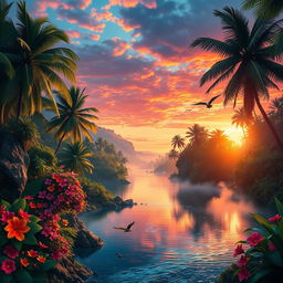 A lush, vibrant background featuring Kalima, an exotic and mystical landscape with rich green foliage, towering palm trees, and a sparkling, tranquil river reflecting the vivid colors of a sunset sky
