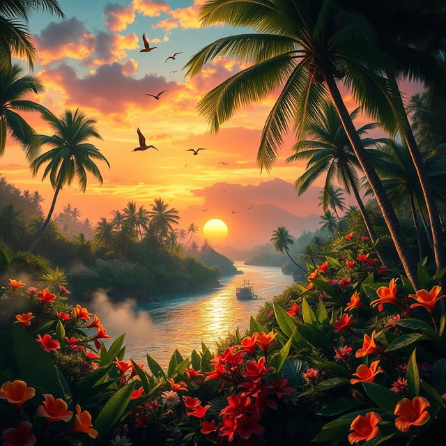 A lush, vibrant background featuring Kalima, an exotic and mystical landscape with rich green foliage, towering palm trees, and a sparkling, tranquil river reflecting the vivid colors of a sunset sky