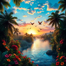 A lush, vibrant background featuring Kalima, an exotic and mystical landscape with rich green foliage, towering palm trees, and a sparkling, tranquil river reflecting the vivid colors of a sunset sky