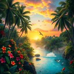 A lush, vibrant background featuring Kalima, an exotic and mystical landscape with rich green foliage, towering palm trees, and a sparkling, tranquil river reflecting the vivid colors of a sunset sky