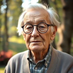 A portrait of a wise elder person, showcasing deep wrinkles and silver hair, wearing round glasses and a thoughtful expression