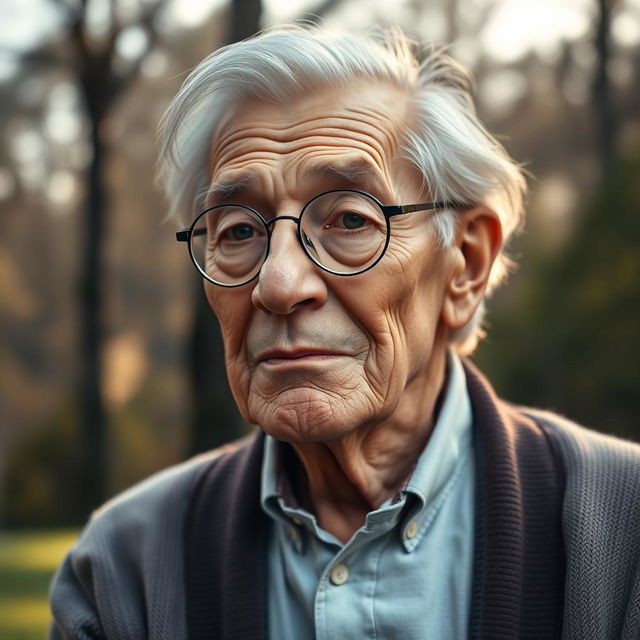 A portrait of a wise elder person, showcasing deep wrinkles and silver hair, wearing round glasses and a thoughtful expression