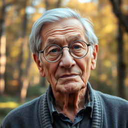A portrait of a wise elder person, showcasing deep wrinkles and silver hair, wearing round glasses and a thoughtful expression