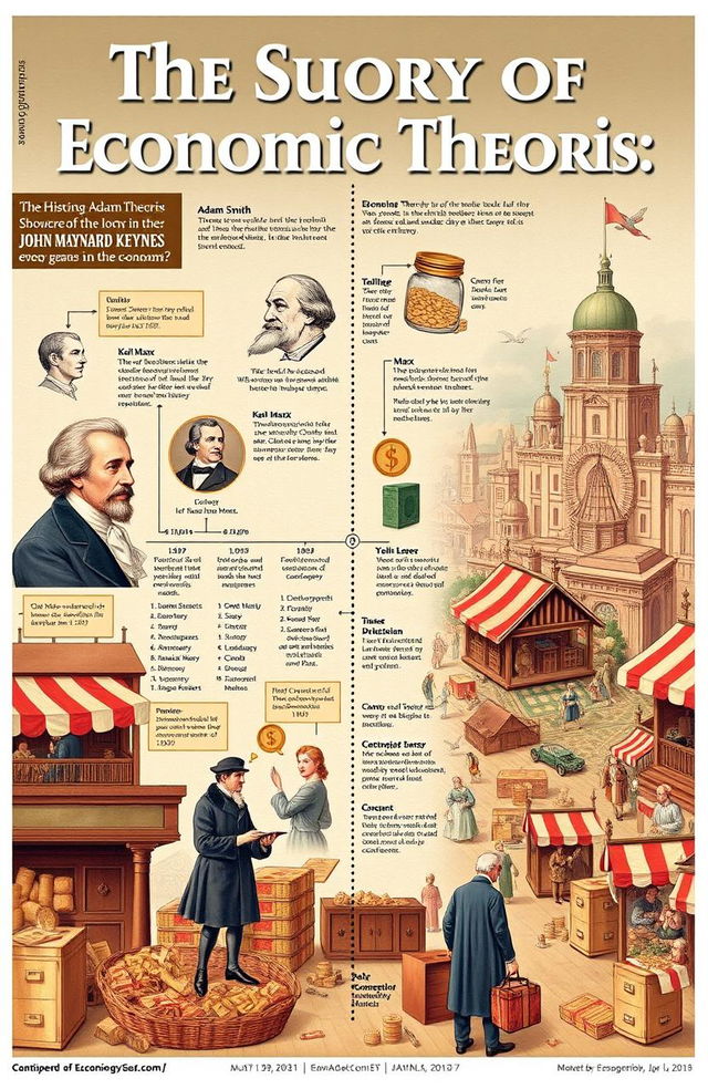 A detailed illustration representing the history of economic theories