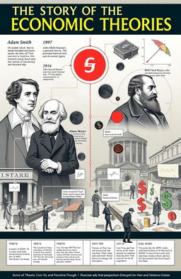 A detailed illustration representing the history of economic theories