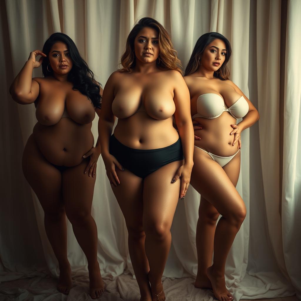 A stunning artistic representation of voluptuous, confident women with curvaceous bodies, posed elegantly in a tastefully styled artistic environment