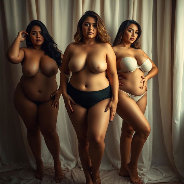 A stunning artistic representation of voluptuous, confident women with curvaceous bodies, posed elegantly in a tastefully styled artistic environment