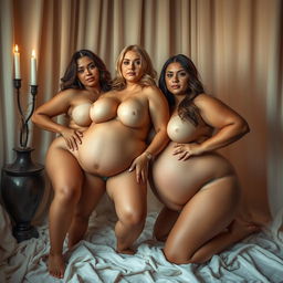 A stunning artistic representation of voluptuous, confident women with curvaceous bodies, posed elegantly in a tastefully styled artistic environment